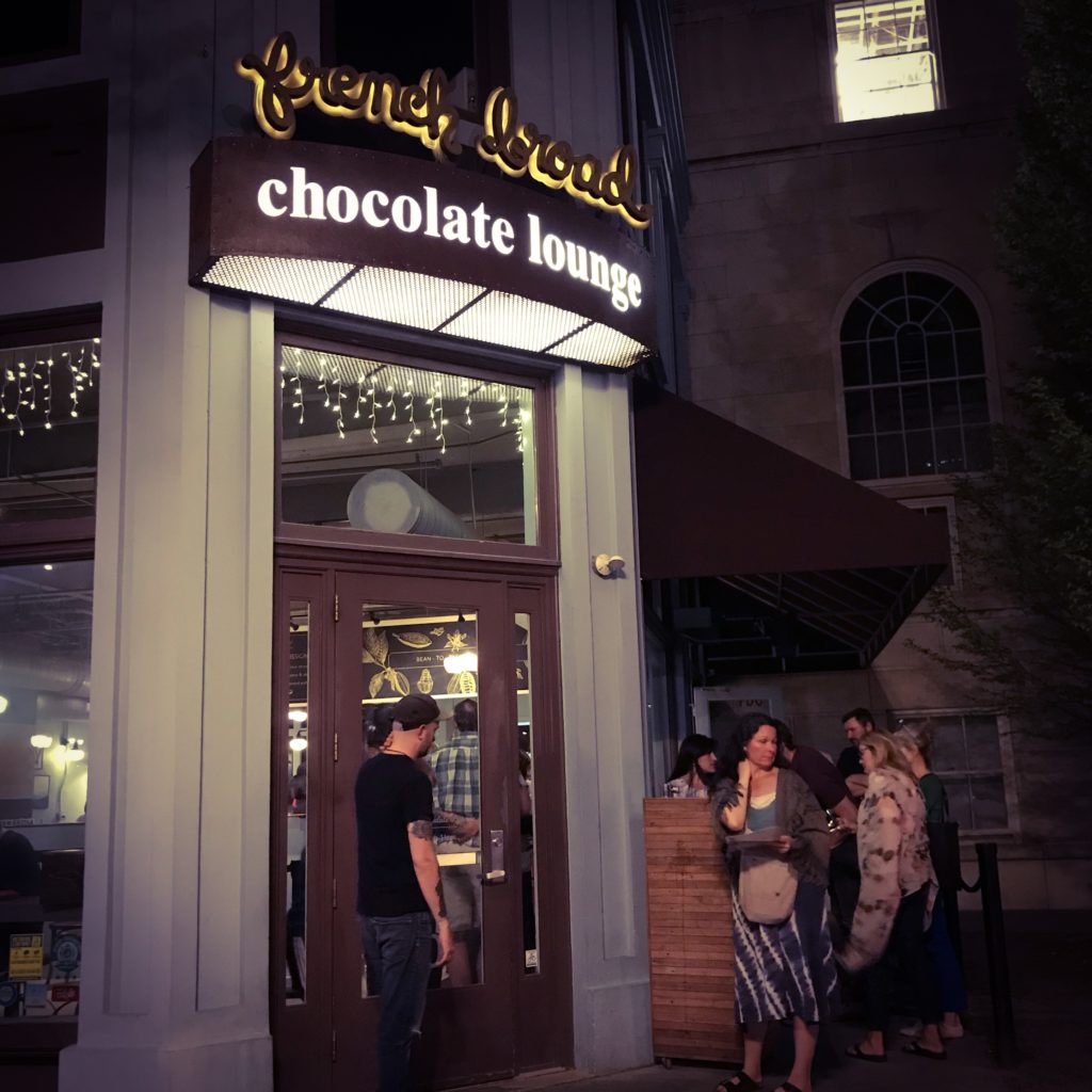 Long line of customers waiting in front of French Broad Chocolate Lounge, Asheville, NC