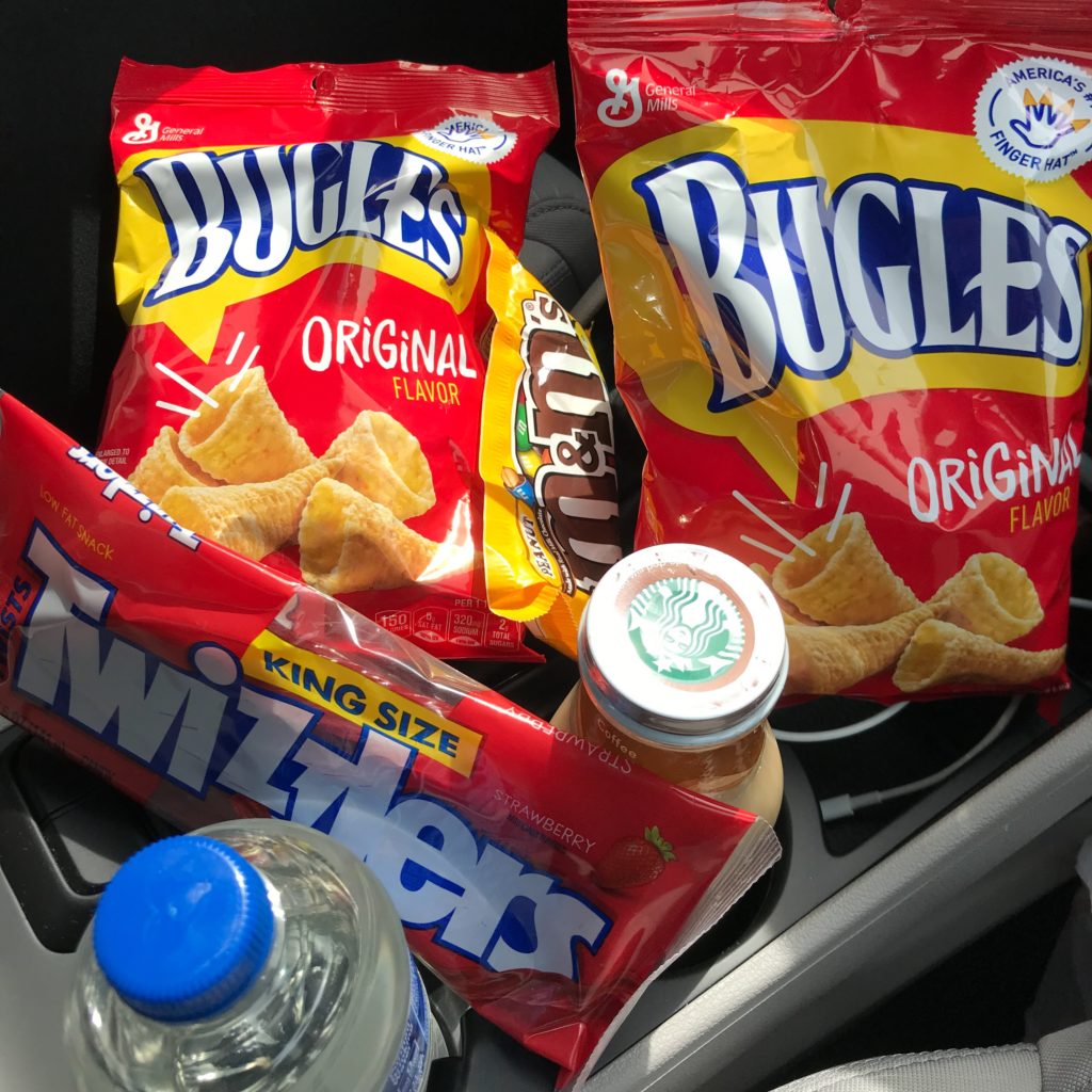 Bugles and Twizzlers favorite road trip snacks