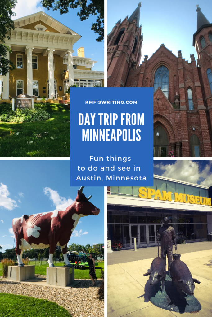 Day trip to Austin, Minnesota to visit the SPAM Museum, Hormel Historic Home, St. Augustine Catholic Church  and more. A mansion, a farmer with pigs statue, a gothic church and a dairy cow statue.