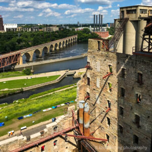 View of Stone Arch Bridge and Mississippi River from Mill City Museum rooftop in Minneapolis
