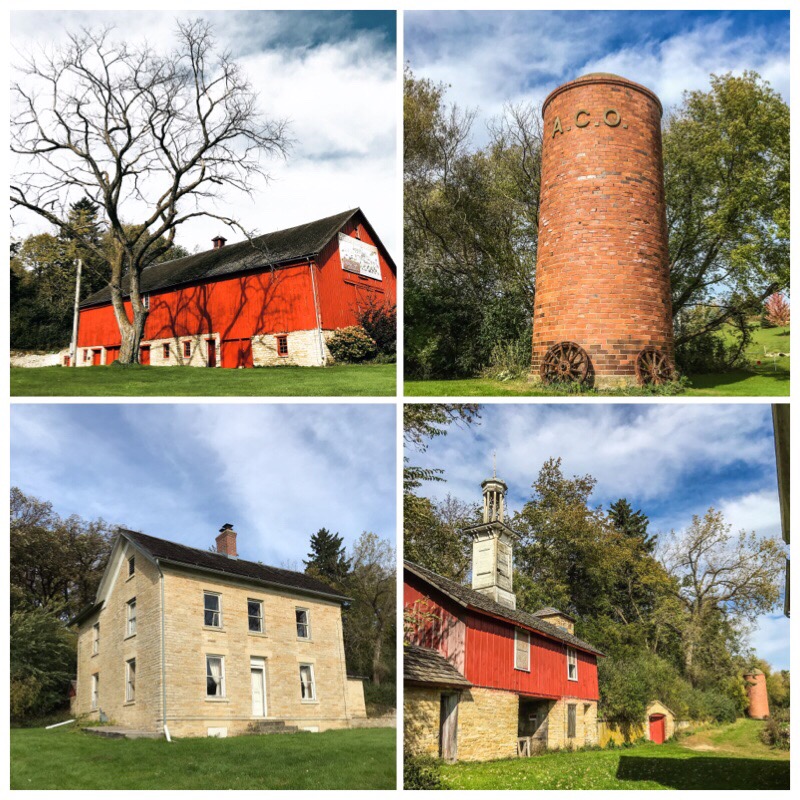 Collage of historical buildings on a 1800s farmstead including a stone house, red barn, silo 