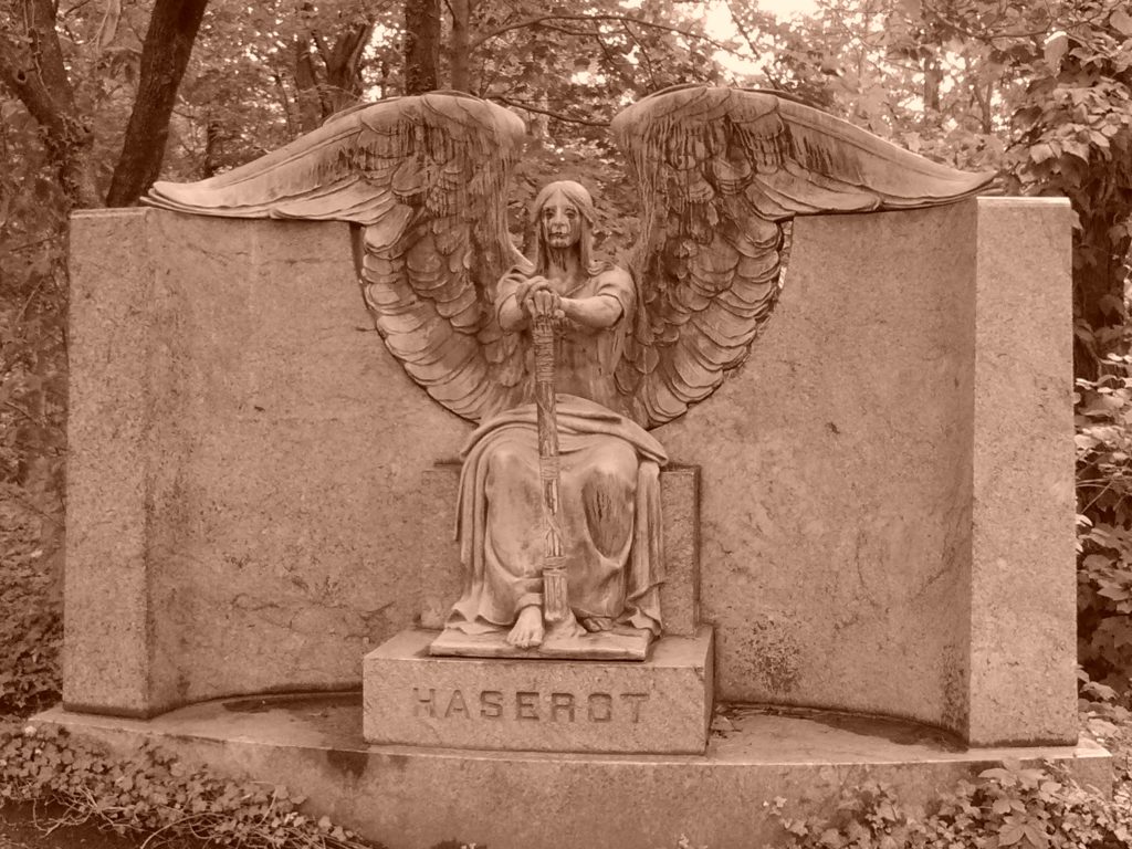 Haserot angel in sepia filter at Lake View Cemetery in Cleveland Ohio