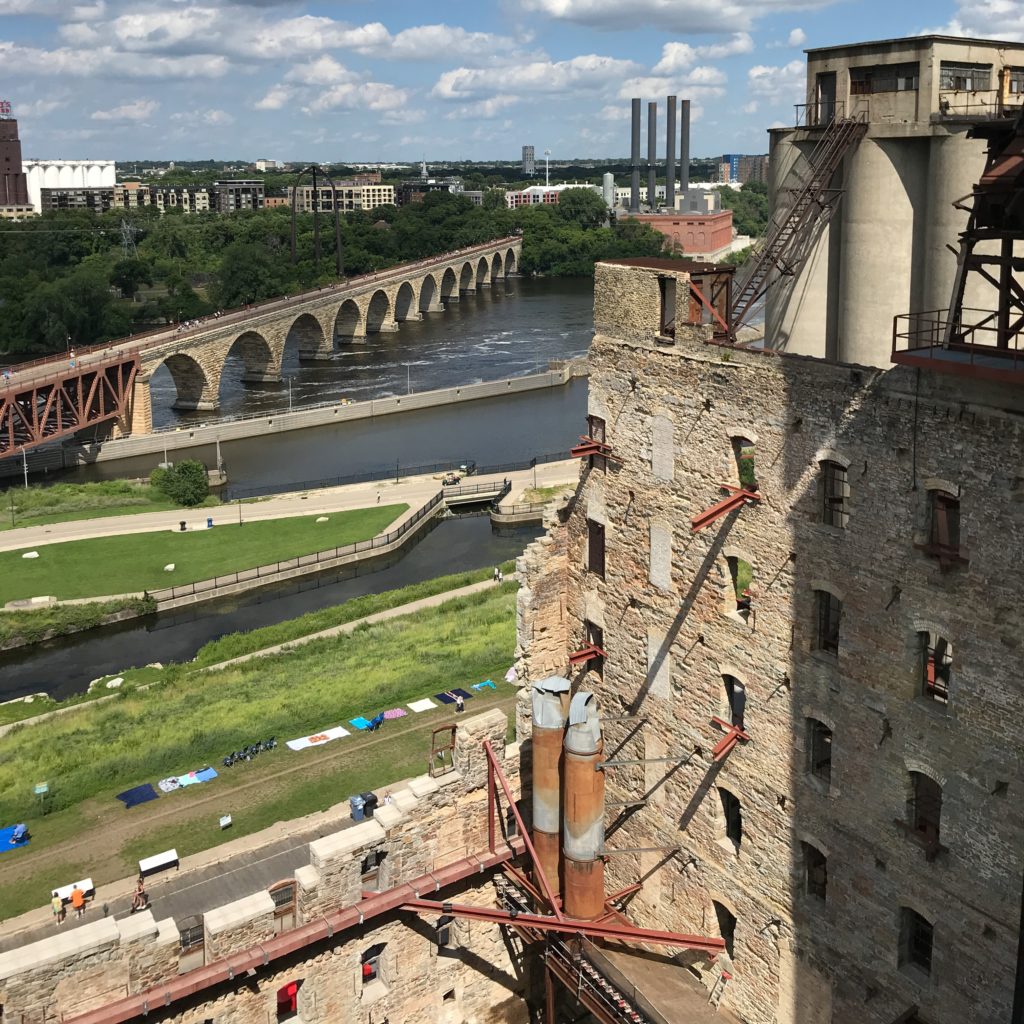 Mill City Museum view of Mississippi River and Stone Arch Bridge