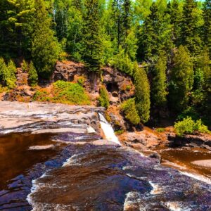 Gooseberry Falls to top of waterfall with evergreen trees
