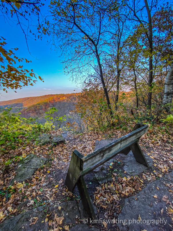 Park bench overlooking fall colors and foliage from a bluff