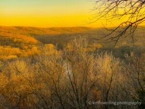 Overlooking a bluff of fall foliage during the golden hour sunset