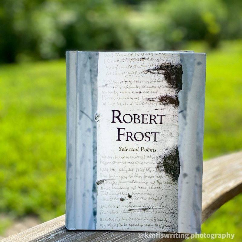 Hard cover book of Selected Poems by Robert Frost on the arm of an Adirondack chair with green grass and trees in the background