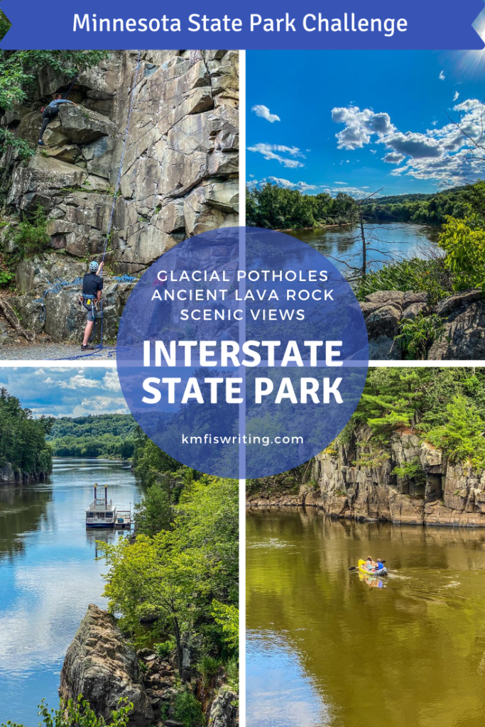 Collage of top things to do at Taylors Falls State Park; a couple rock climbing, excursion boat on the river, kayers, scenic views of river and bluffs