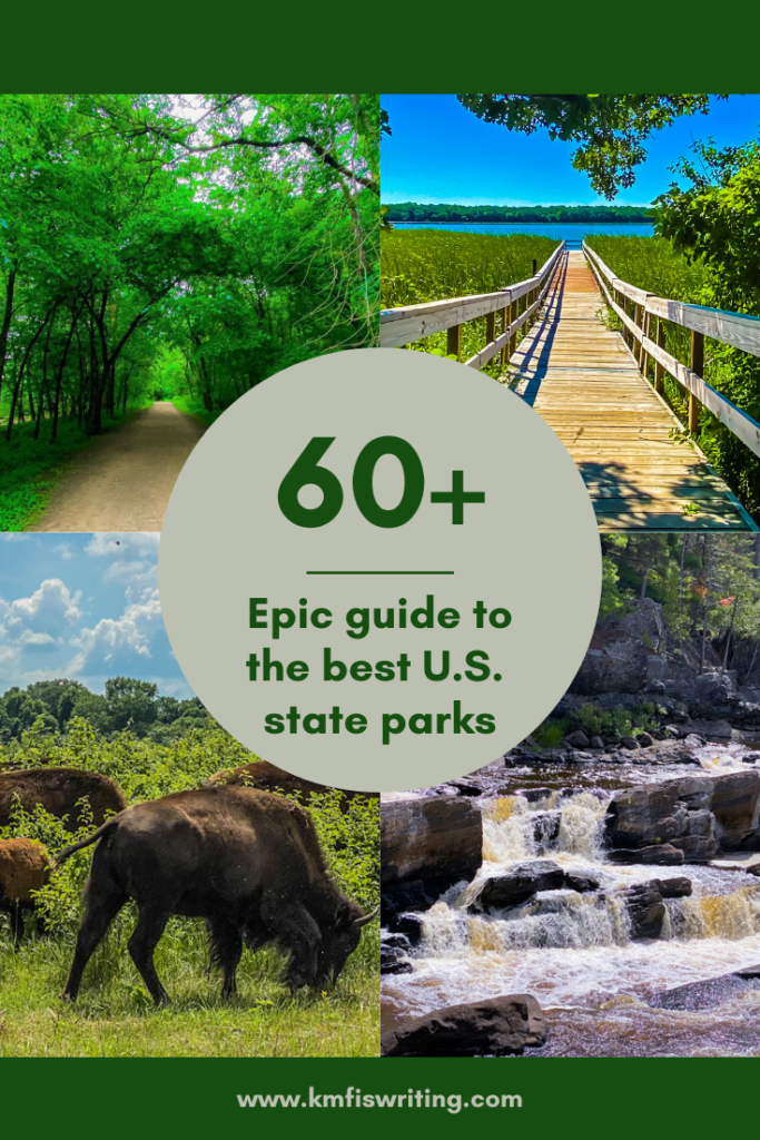 Collage of nature photos, bison, hiking trail in woods, boardwalk bridge to lake, waterfalls, river rapids