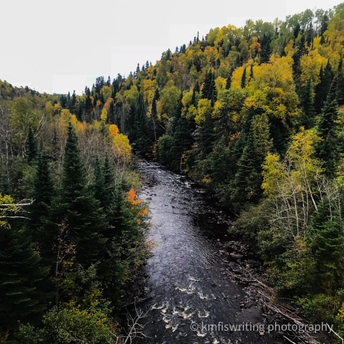 Aerial view of river and fall colors foliage