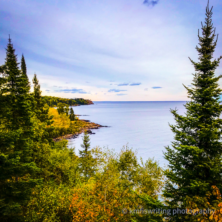 Fall foliage and evergreen trees overlooking Lake Superior