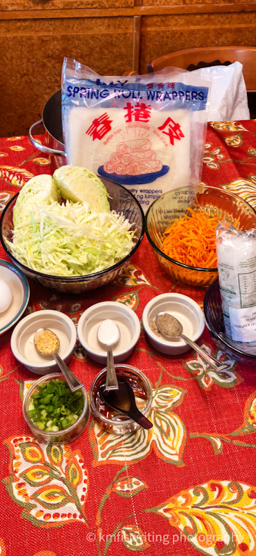 Food prep dishes to make a recipe green cabbage, shredded carrots, sugar, pepper, salt, garlic, egg roll wrappers