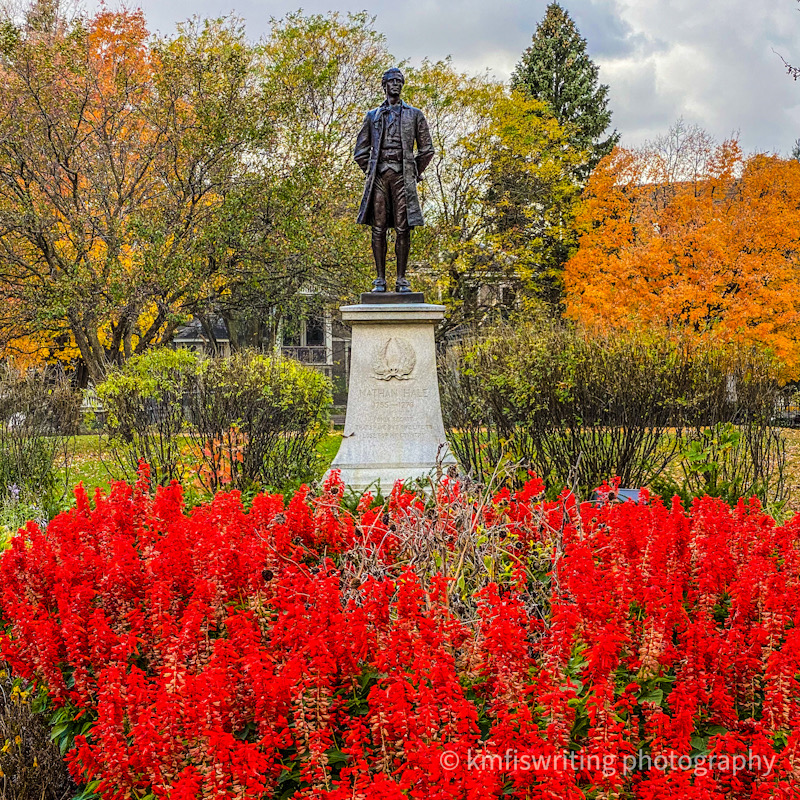 Nathan Hale statue with red flowers and fall trees