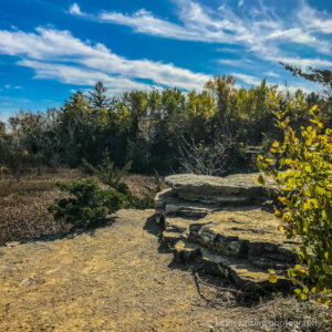 Quarry ledge with trees and blue sky and clouds