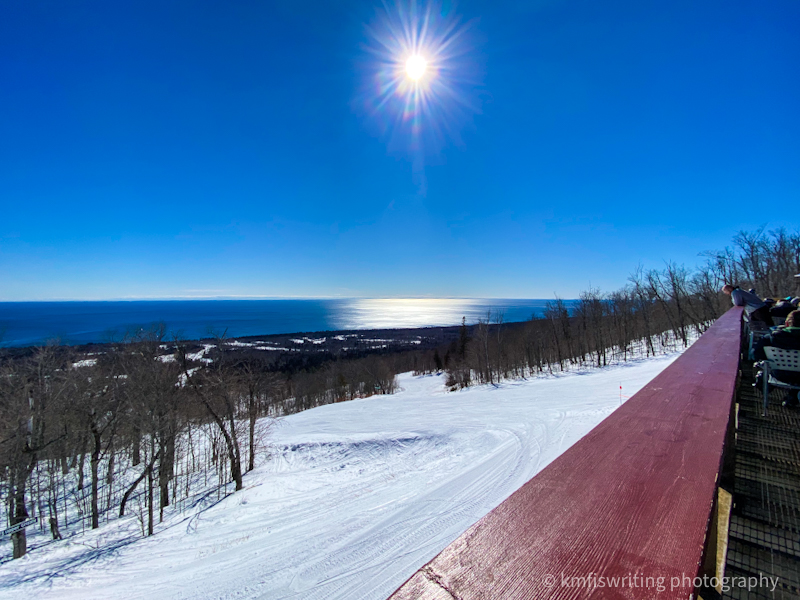 View of Lake Superior in the winter on a bright sunny day and blue sky