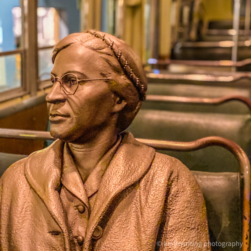 Rosa Parks sculpture sittin on bus in National Civil Rights Museum in Memphis