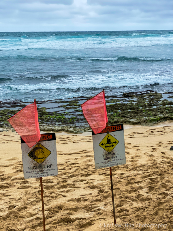 High surf and strong current warning signs with flags on a beach in Maui Hawaii