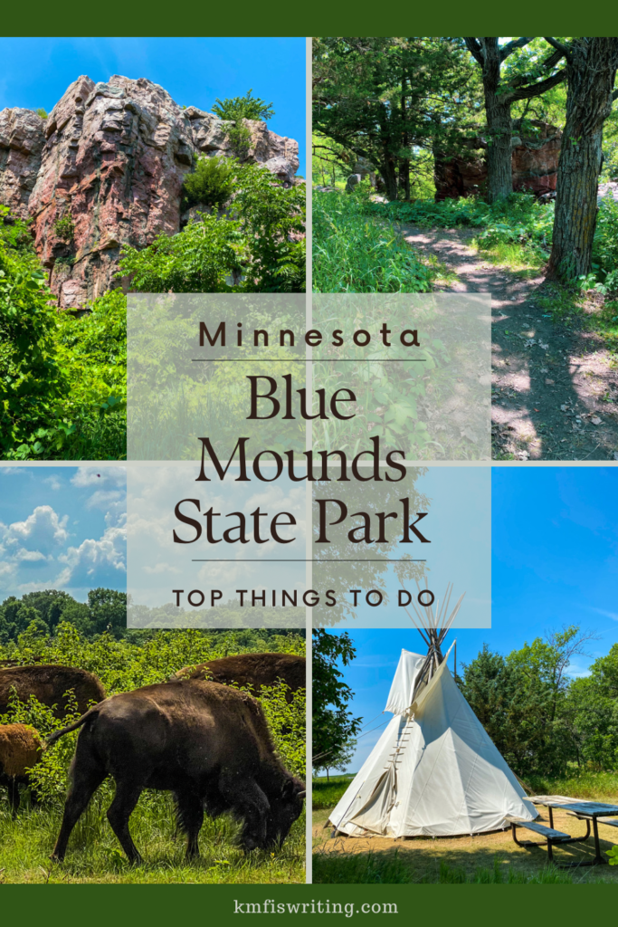 Collage of top things to do at Blue Mounds State Park in Minnesota bison, tipi camping, rock climbing, hiking