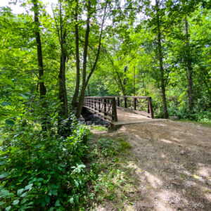 Footbridge hiking trail in the woods at Charles A. Lindbergh State Park in Minnesota