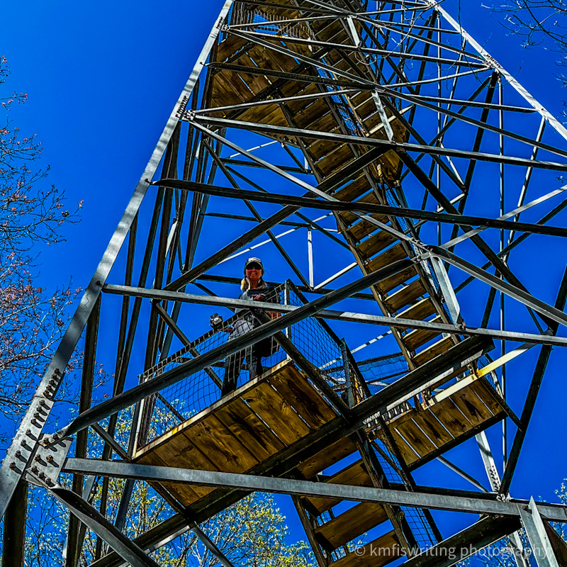 Woman climbing the Fire tower observation deck at Mille Lacs Kathio State Park in Minnesota