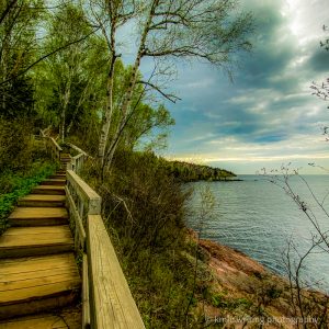 Hiking trail along Lake Superior with stairs at Tettegouche State Park in Minnesota
